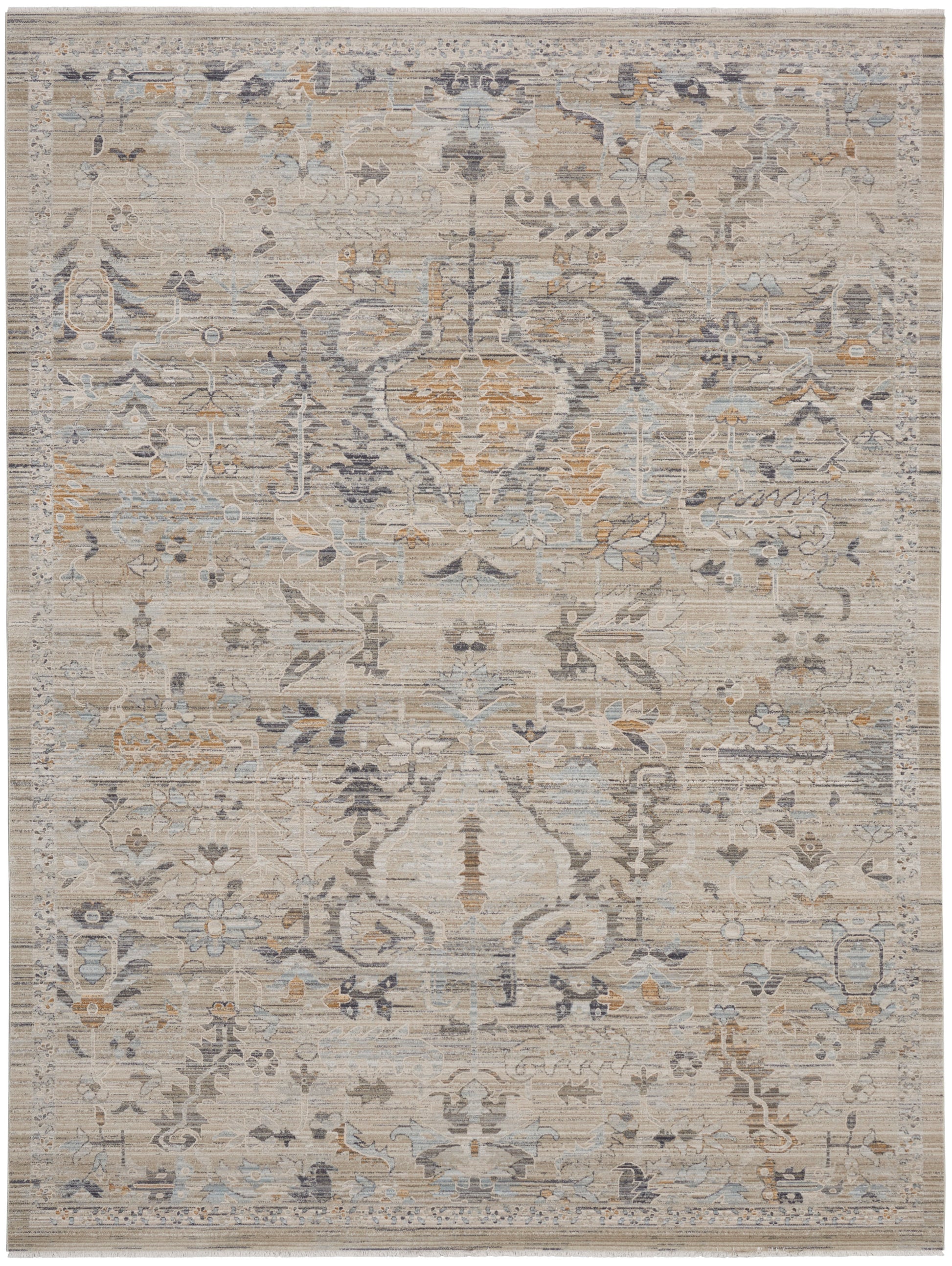 Rectangular distressed oriental rug in beige and gray with soft blue and tan accents, intricate floral medallion design.