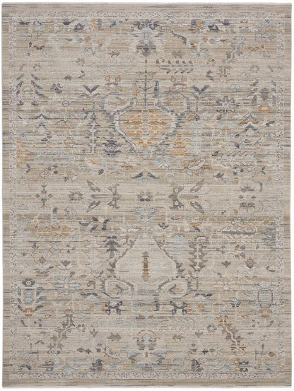 Rectangular distressed oriental rug in beige and gray with soft blue and tan accents, intricate floral medallion design.