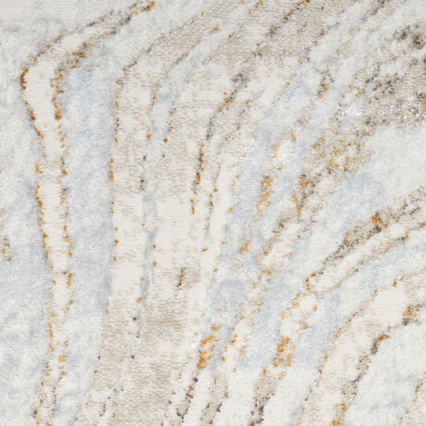 Plush area rug with cream, ivory, light gray and taupe wavy stripe pattern, gold-tinted accents; modern abstract style.