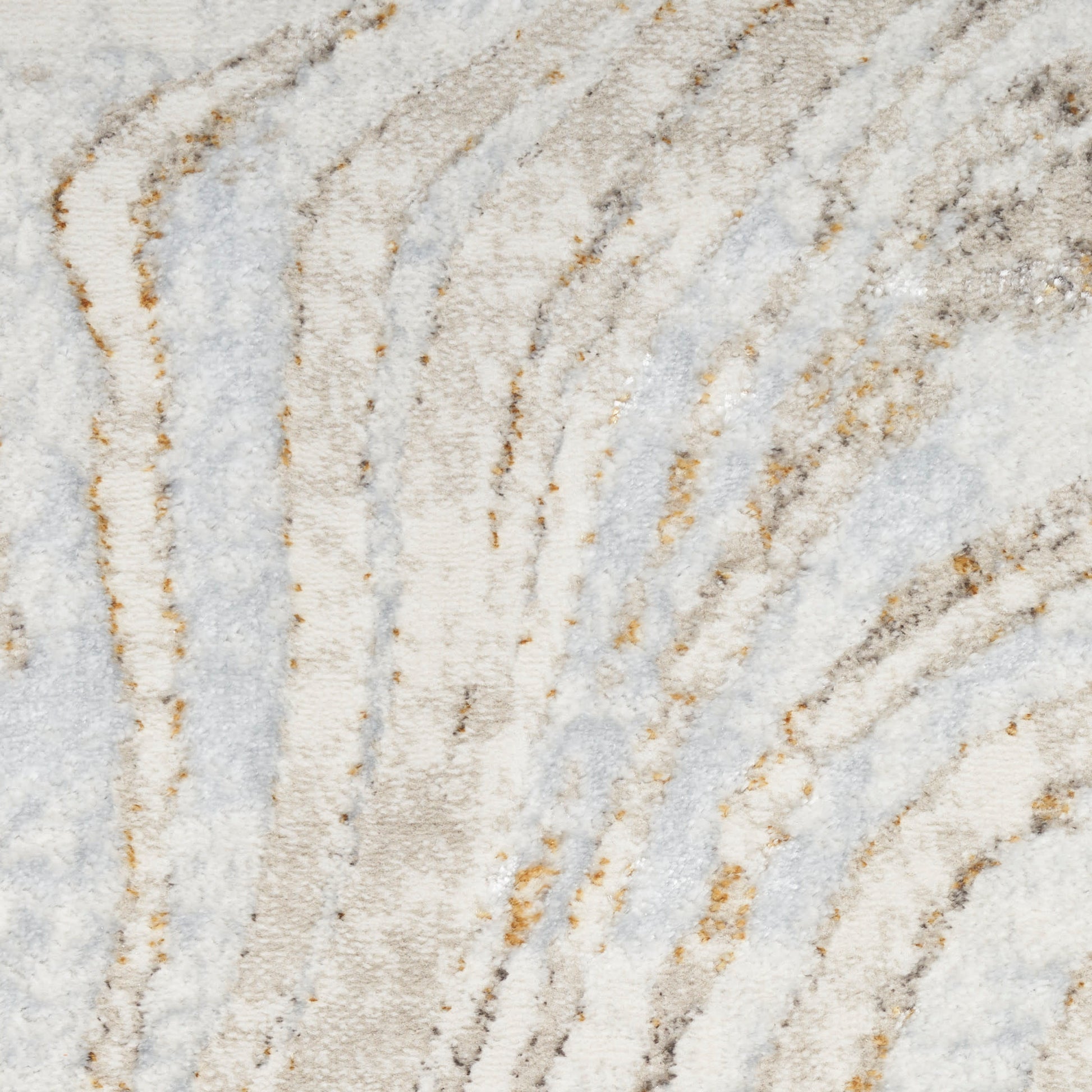 Plush area rug with cream, ivory, light gray and taupe wavy stripe pattern, gold-tinted accents; modern abstract style.