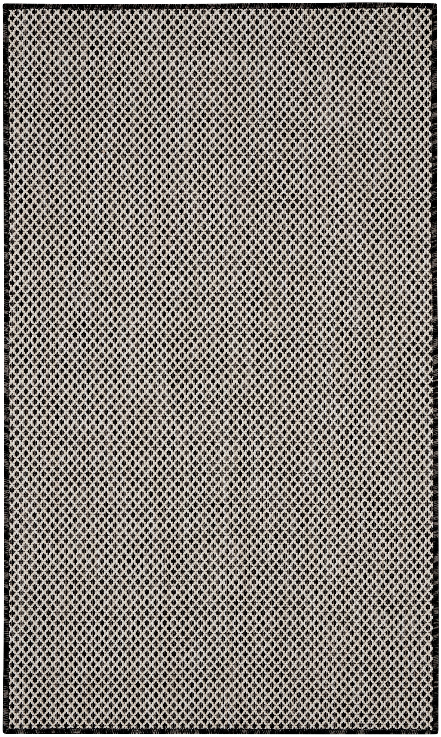 Rectangular beige flatweave rug with black diamond lattice pattern and black border.