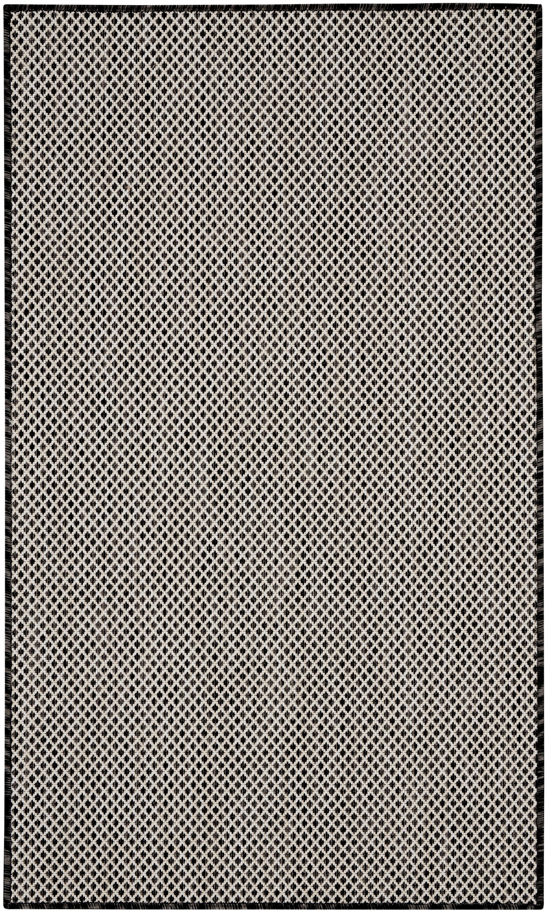 Rectangular beige flatweave rug with black diamond lattice pattern and black border.