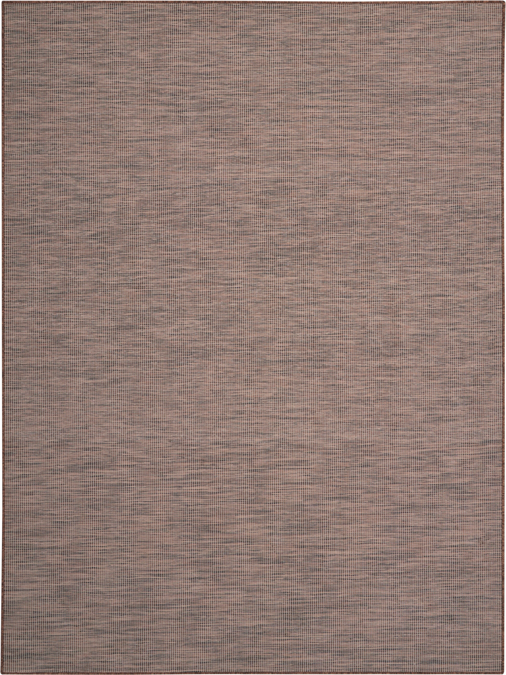 Rectangular flatweave rug in muted brown-gray tones with fine horizontal stripe texture and dark border.