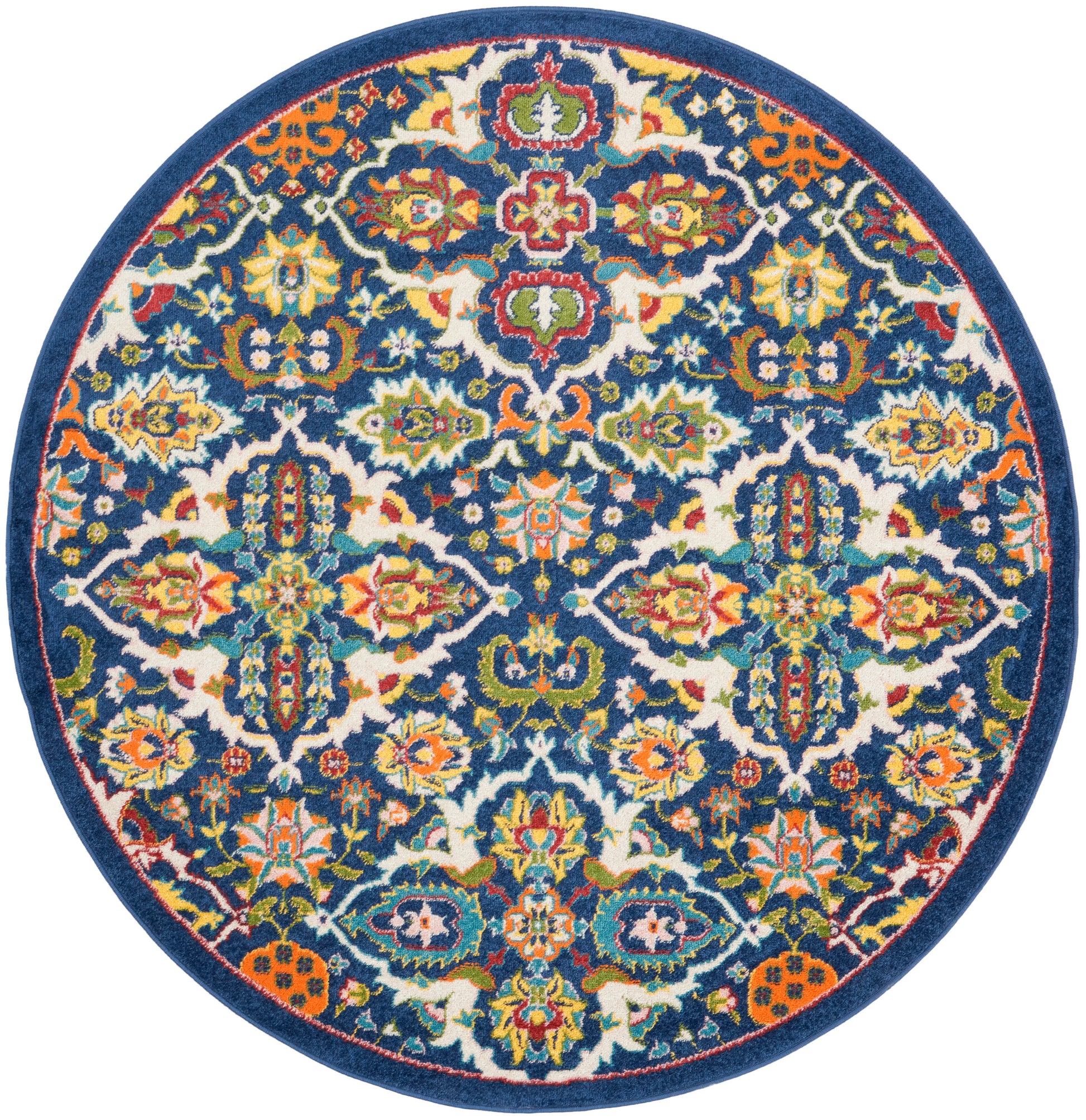 Round oriental rug with navy background and bright multicolor floral damask pattern; blue outer border.