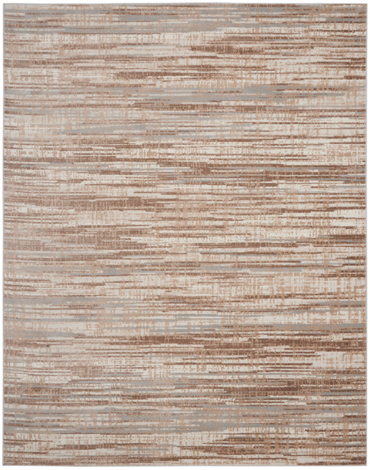 Neutral rectangular rug with beige, taupe and light brown distressed horizontal stripes; modern lounge decor.