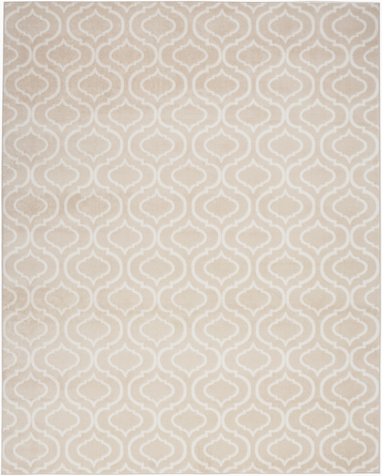 Beige area rug with white geometric arabesque lattice pattern.