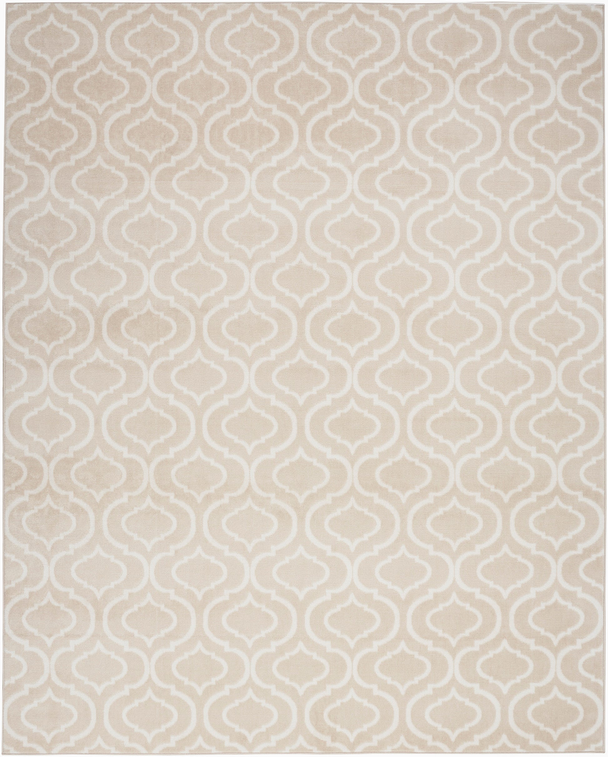 Beige area rug with white geometric arabesque lattice pattern.
