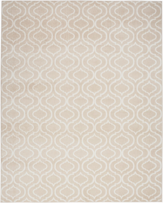 Beige area rug with white geometric arabesque lattice pattern.