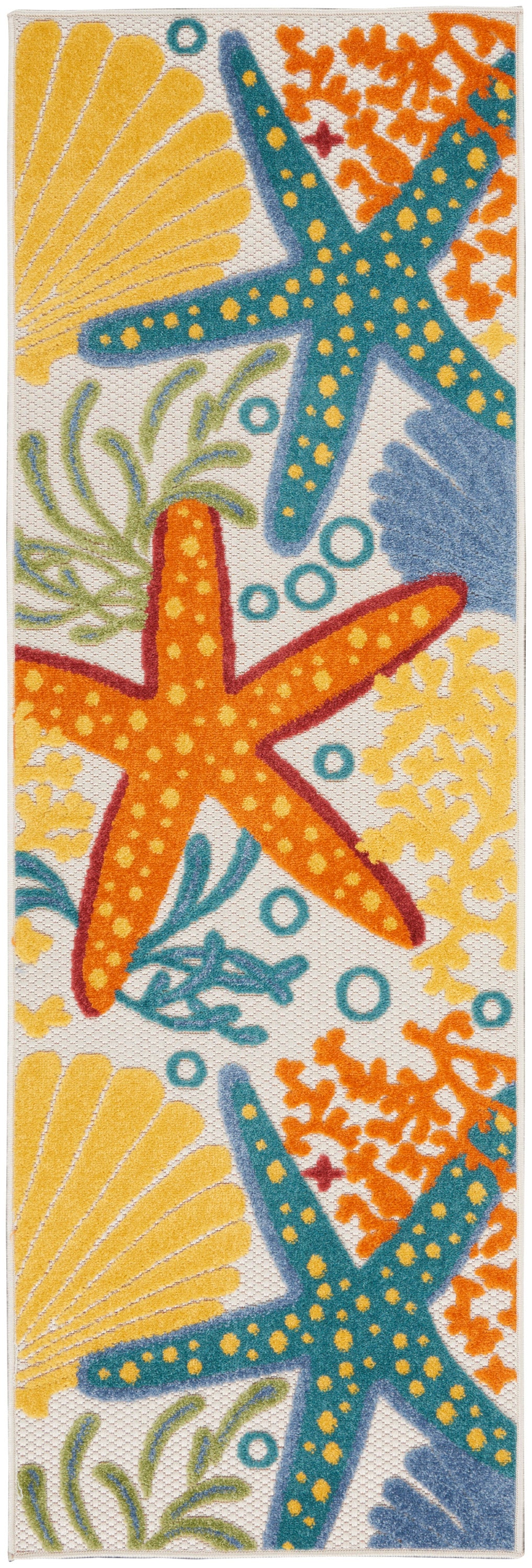 Coastal runner rug with orange and blue starfish, yellow shells and teal coral on a woven textured surface.