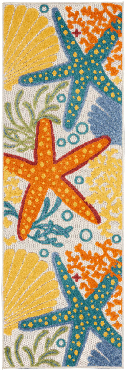 Coastal runner rug with orange and blue starfish, yellow shells and teal coral on a woven textured surface.