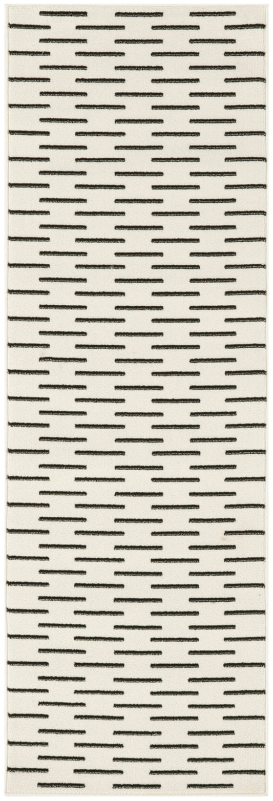 Cream runner rug for hallways with a modern pattern of evenly spaced black dash lines.