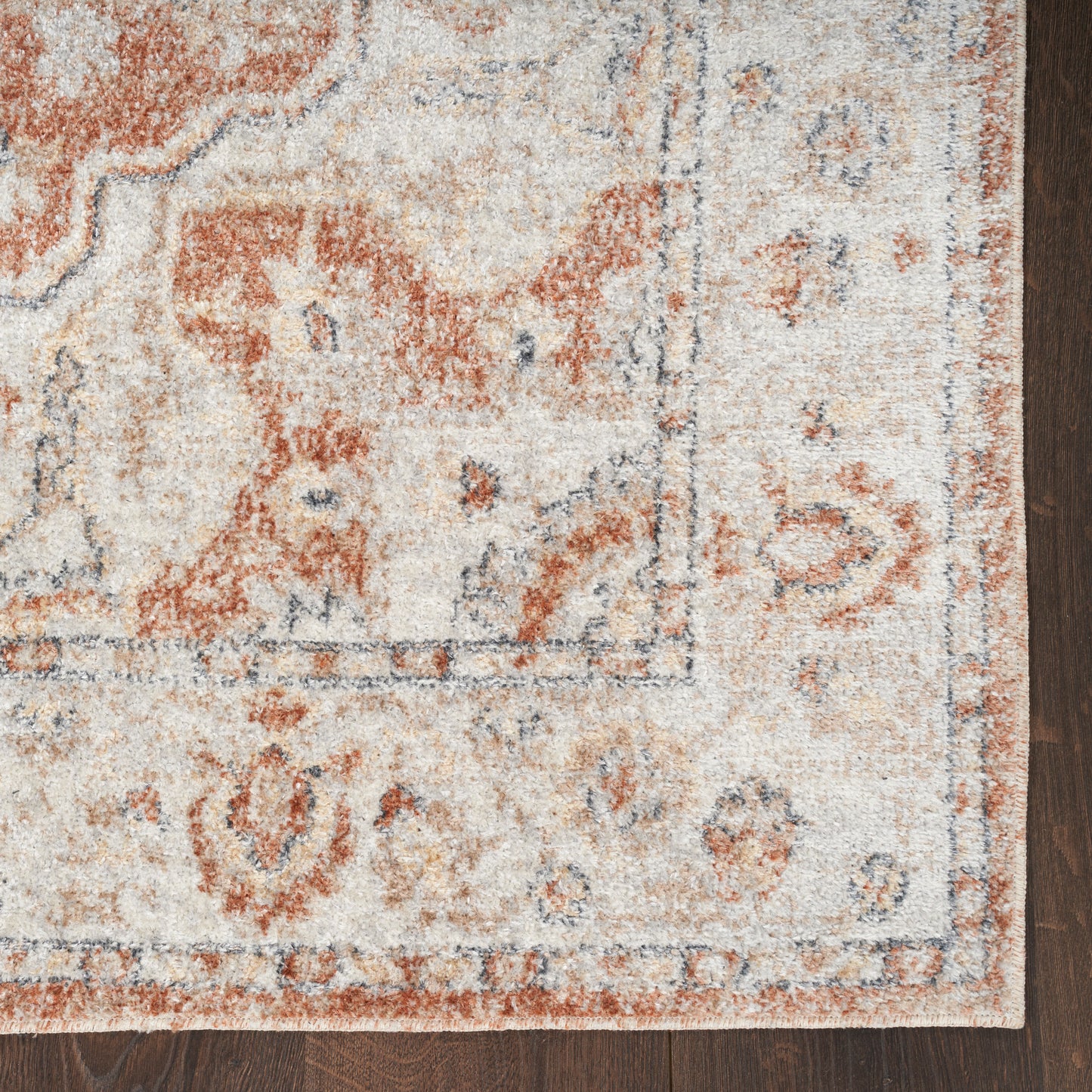 Distressed beige Persian-style area rug with rust-orange and blue motifs, bordered design, on dark wood floor.