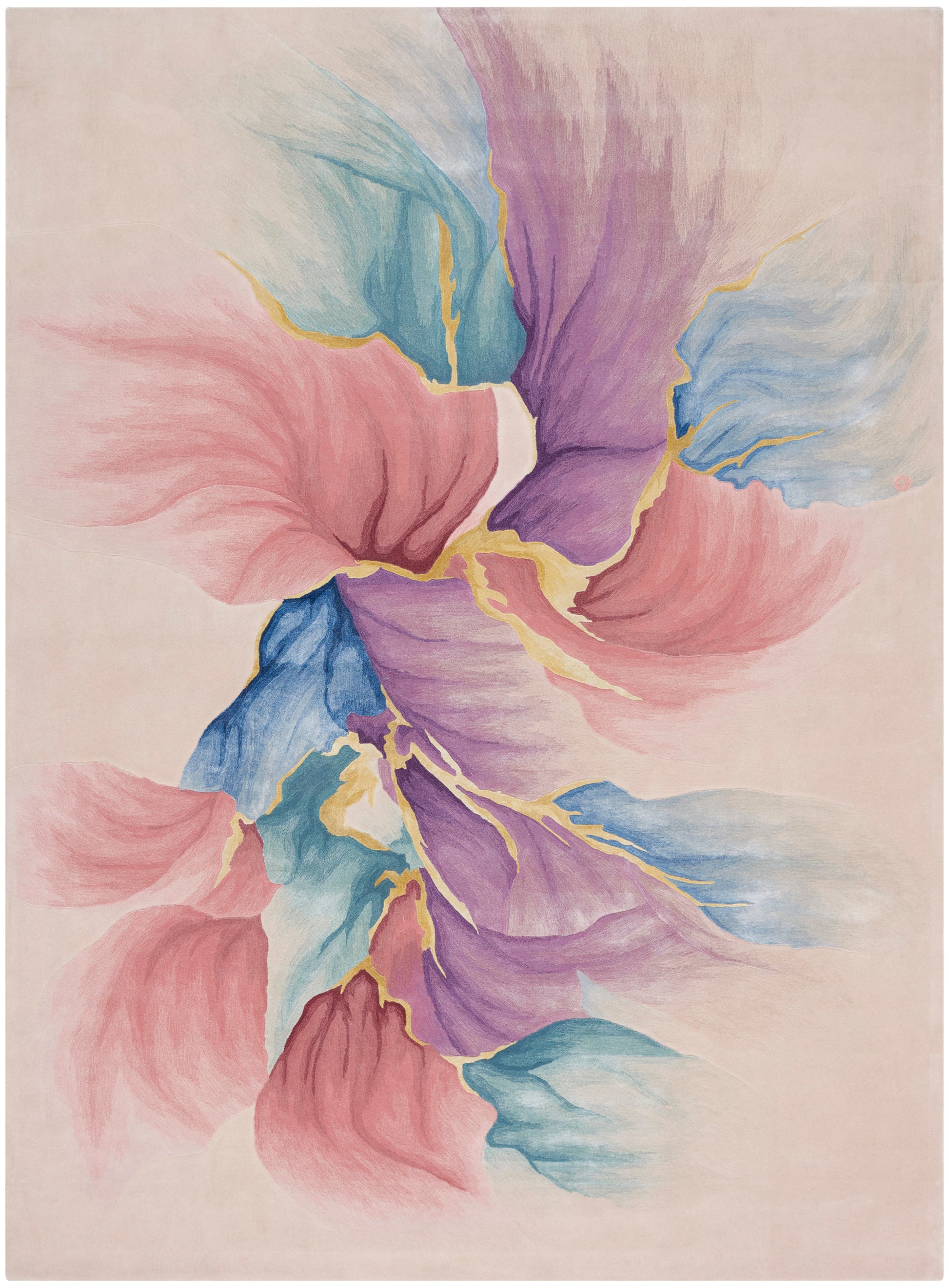 Pastel abstract floral rug with pink, purple, and blue petals accented by yellow outlines on a soft beige background.
