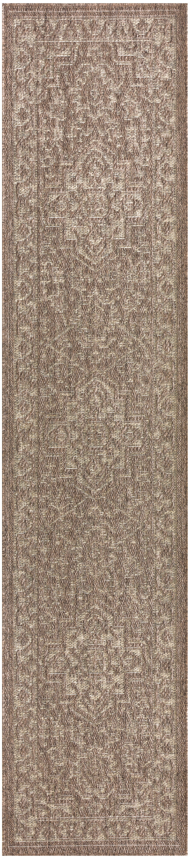 Brown-beige oriental runner rug with intricate medallion center and geometric border; low-pile machine-made.