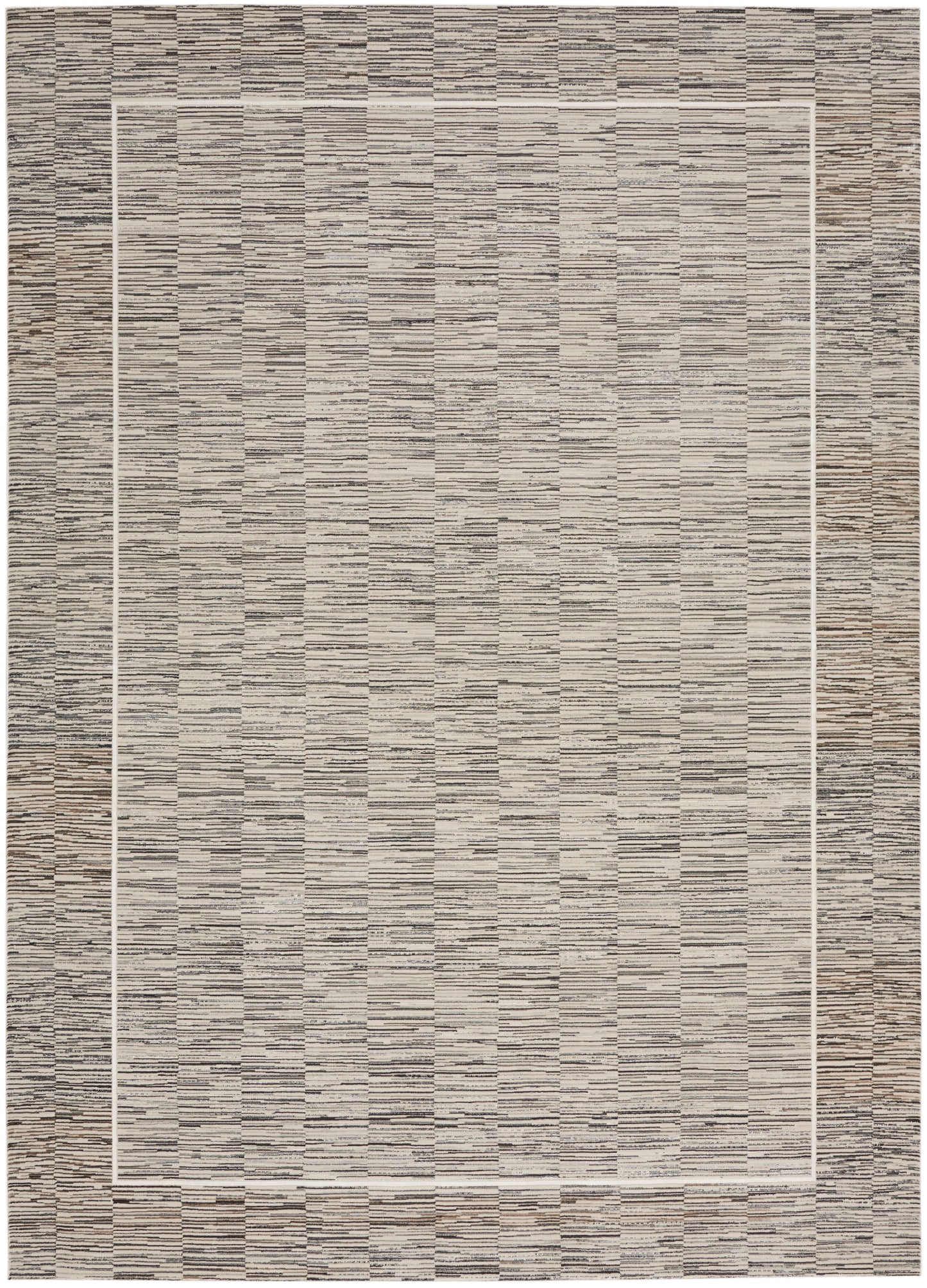 Neutral beige-gray flatweave rug with subtle horizontal texture and white inner frame, modern living room decor