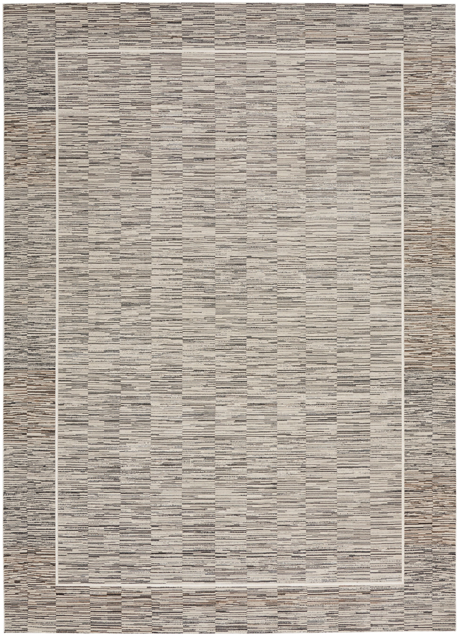 Neutral beige-gray flatweave rug with subtle horizontal texture and white inner frame, modern living room decor