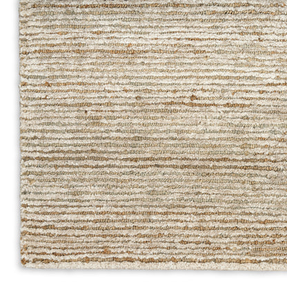 Neutral beige rug with cream and tan striped texture; looped pile, rectangular, modern living-room rug.