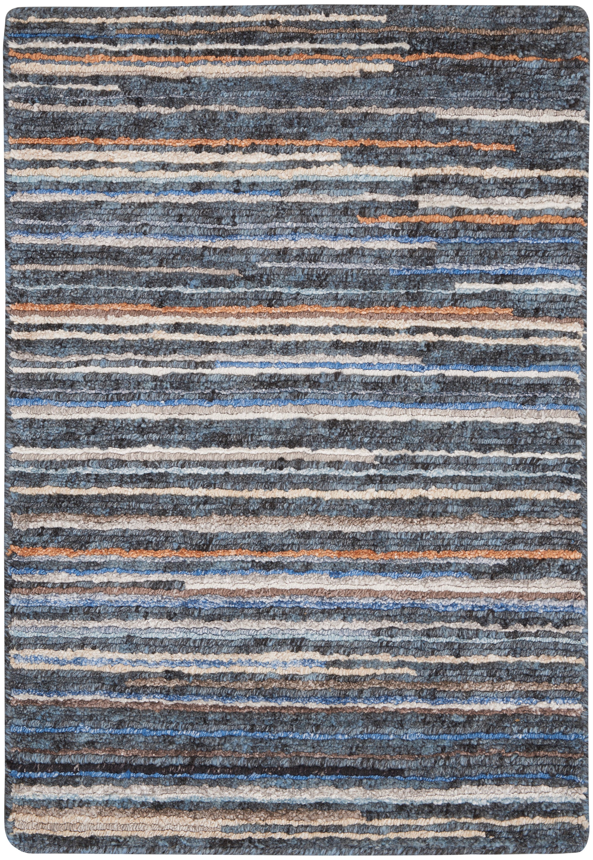 Blue-gray striped shag rug with white and orange accents; soft, thick textured pile.