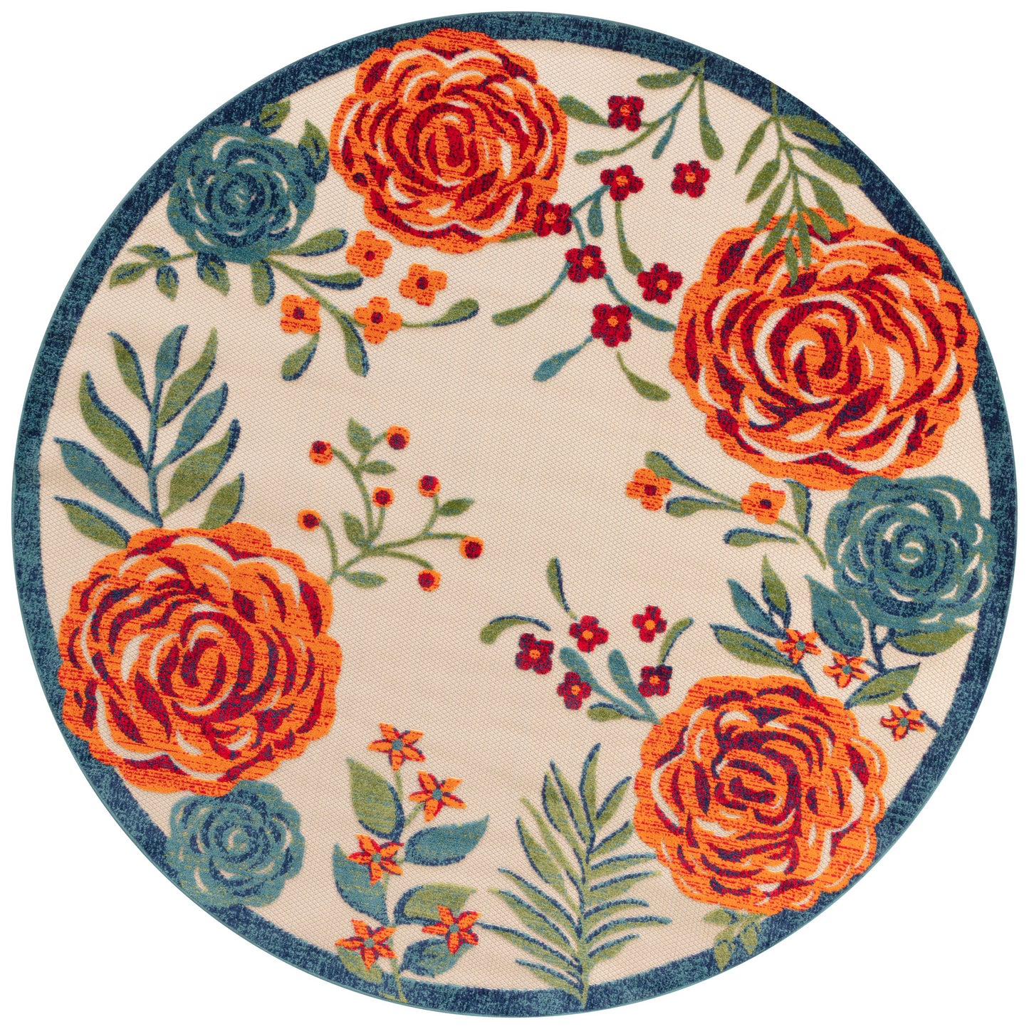 Round floral rug with woven texture, beige background, orange roses, teal blooms, green leaves, navy border.