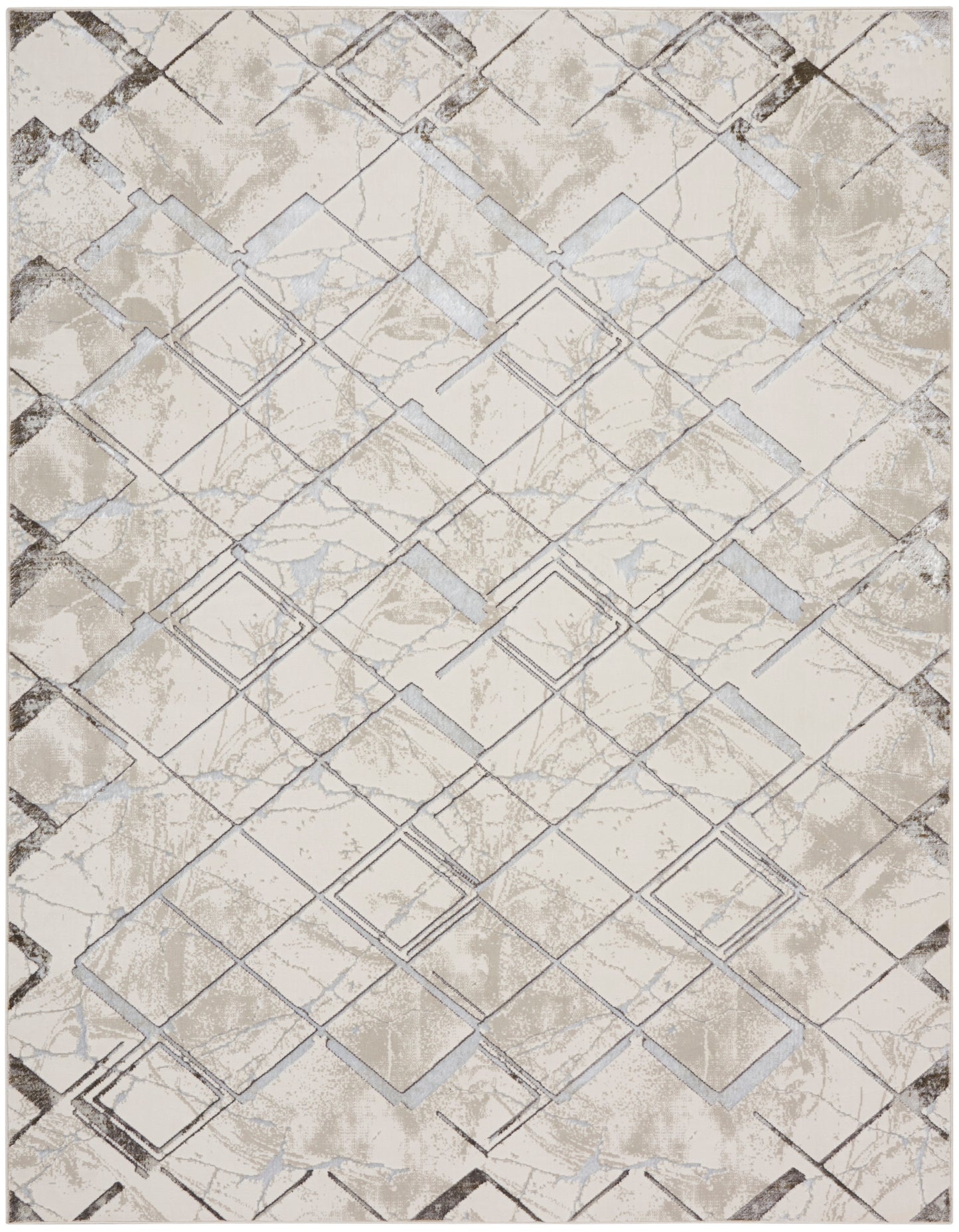 Beige marble-inspired tile with a diamond lattice in gray-brown tones; distressed geometric pattern for floors or walls.