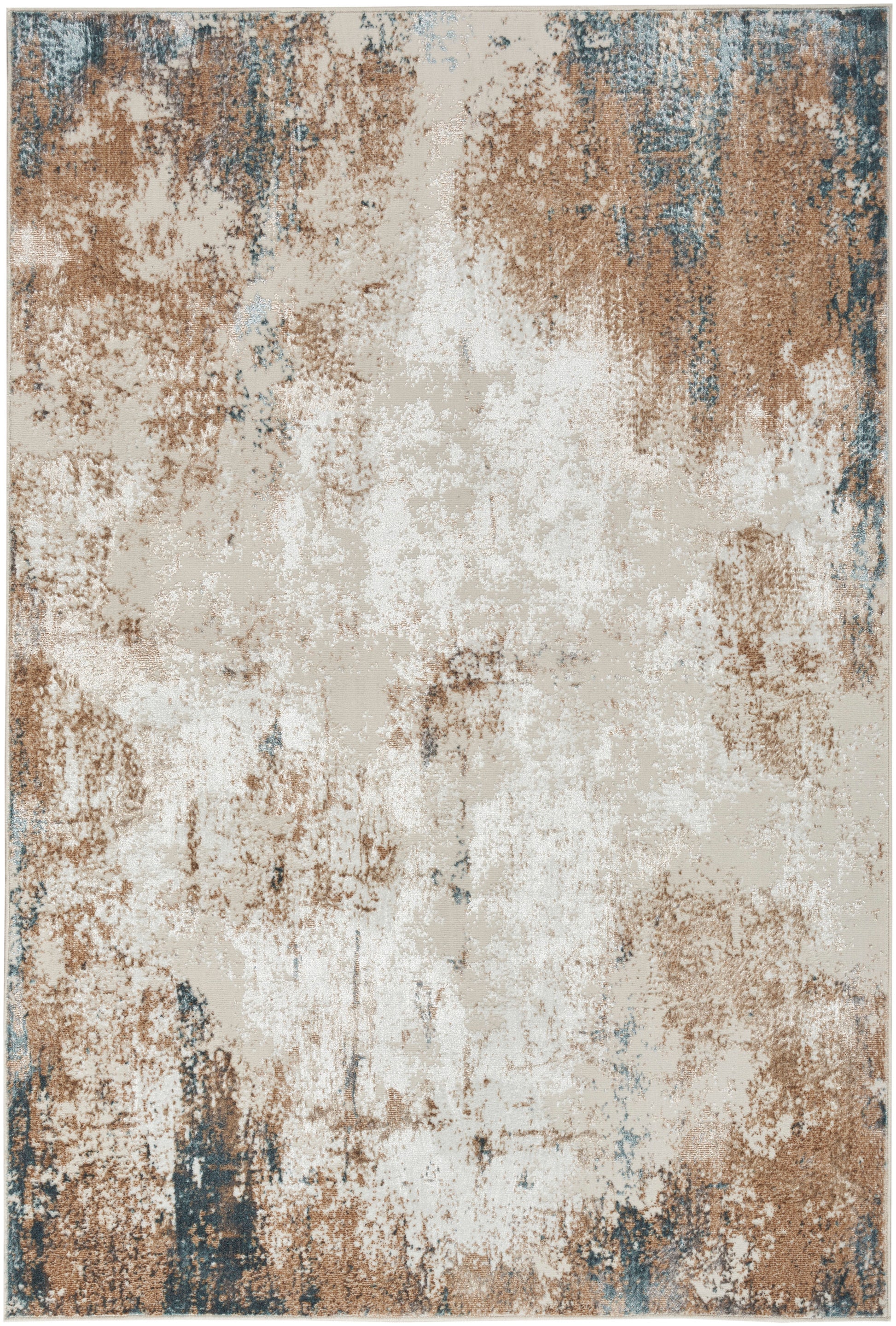 Abstract distressed area rug in beige, tan, rust brown with blue accents.