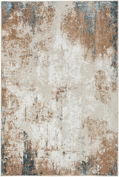 Abstract distressed area rug in beige, tan, rust brown with blue accents.