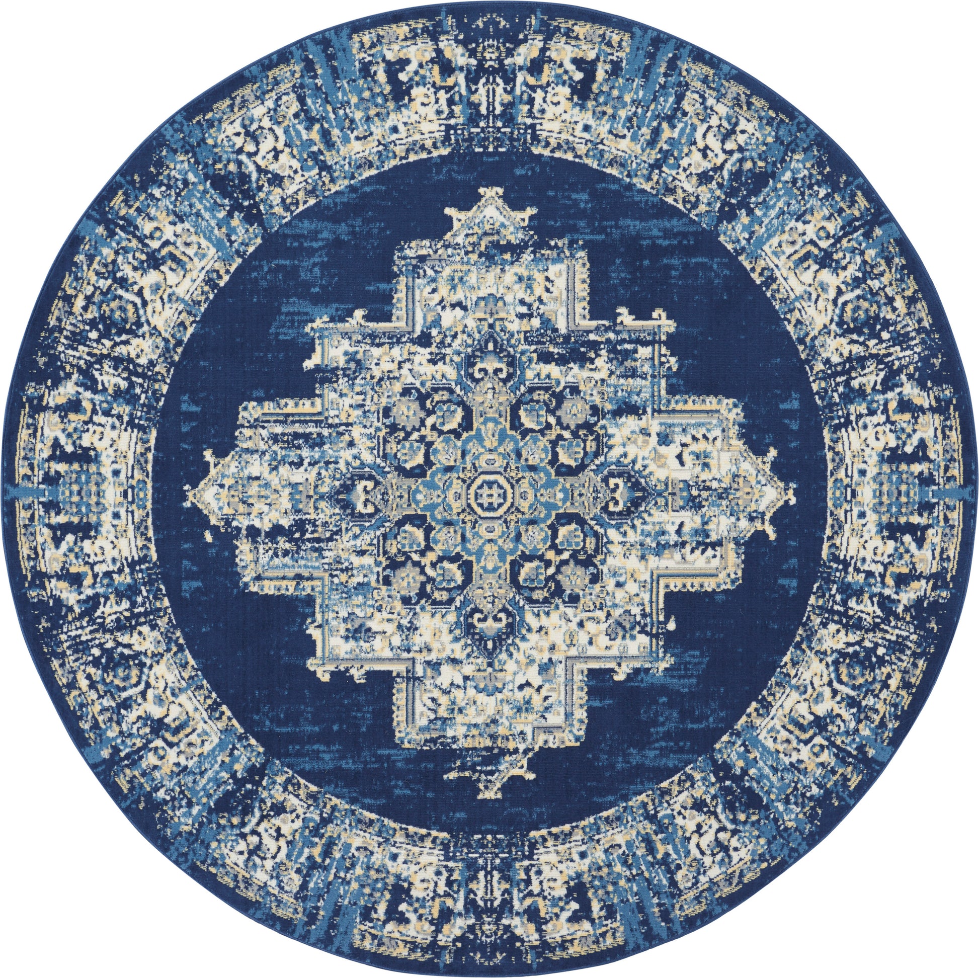 Circular navy blue rug with an ivory and light-blue central medallion and ornate border in oriental design.