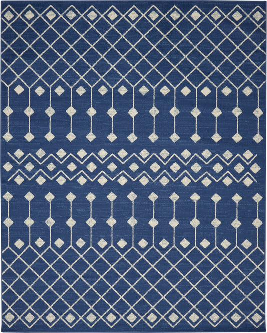 Navy blue rectangular rug with ivory geometric lattice, diamonds and chevron borders for a modern tribal look.