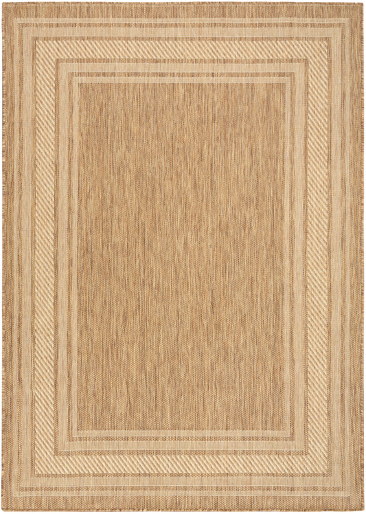 Rectangular beige jute rug with natural fiber texture and multiple light tan nested border bands.