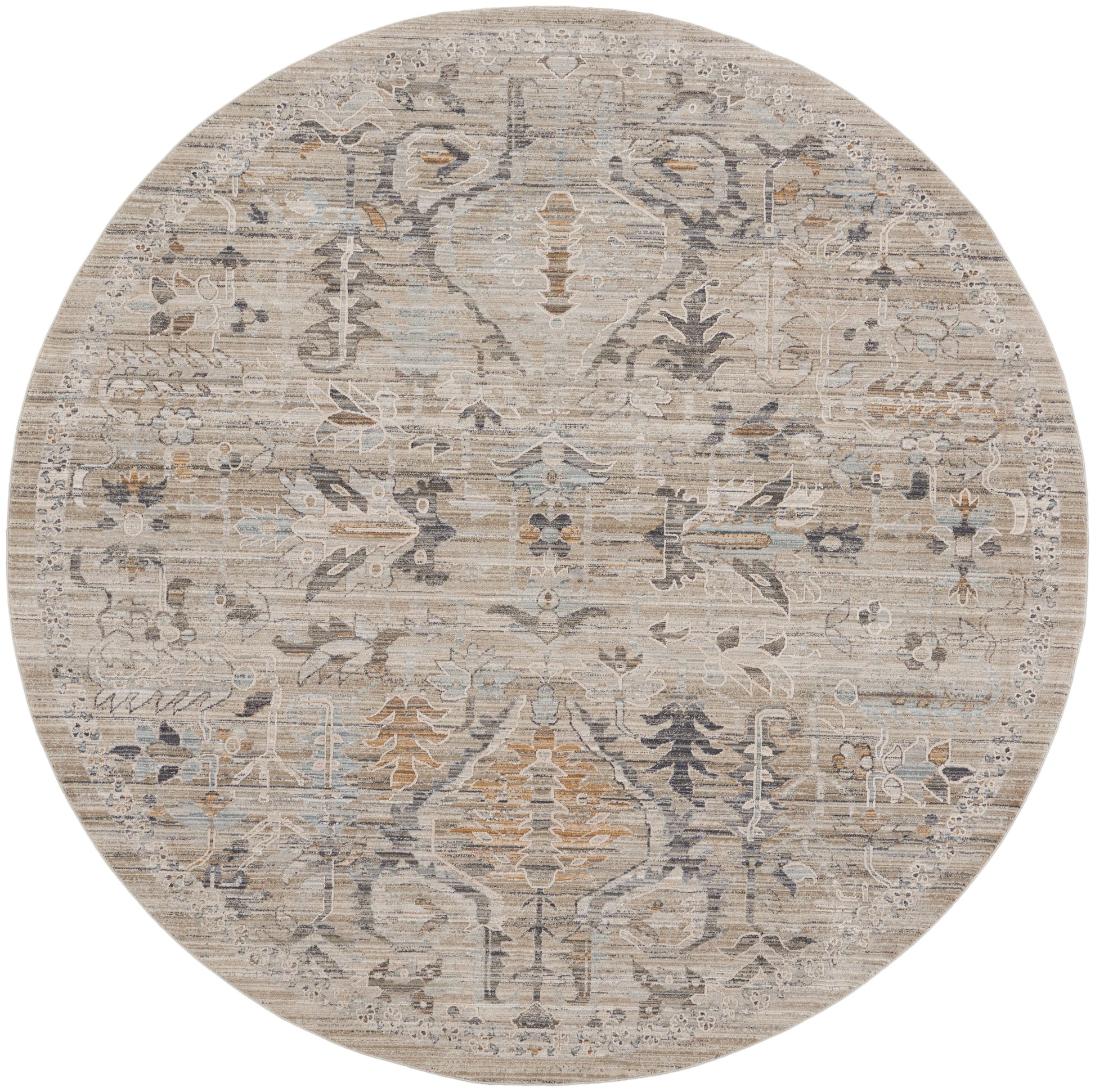 Round rug with muted beige, gray and pale blue tones featuring a faded floral medallion pattern.