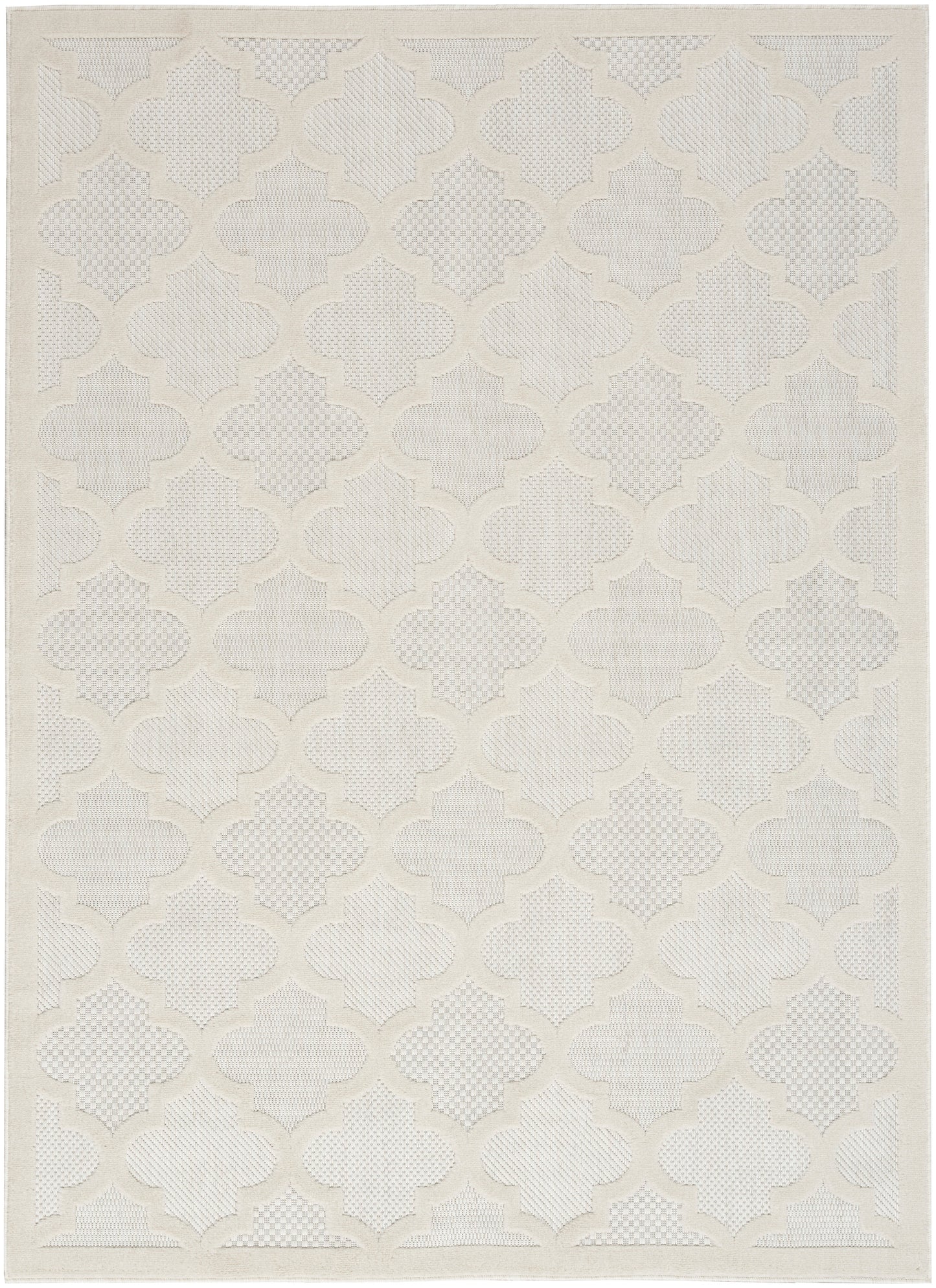 Cream and ivory woven area rug with a raised trellis quatrefoil pattern; neutral modern style.