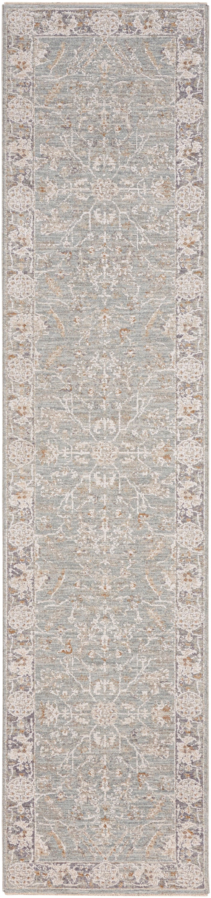 Long rectangular runner rug with a blue-gray field, ivory border and intricate floral damask; vintage distressed look.