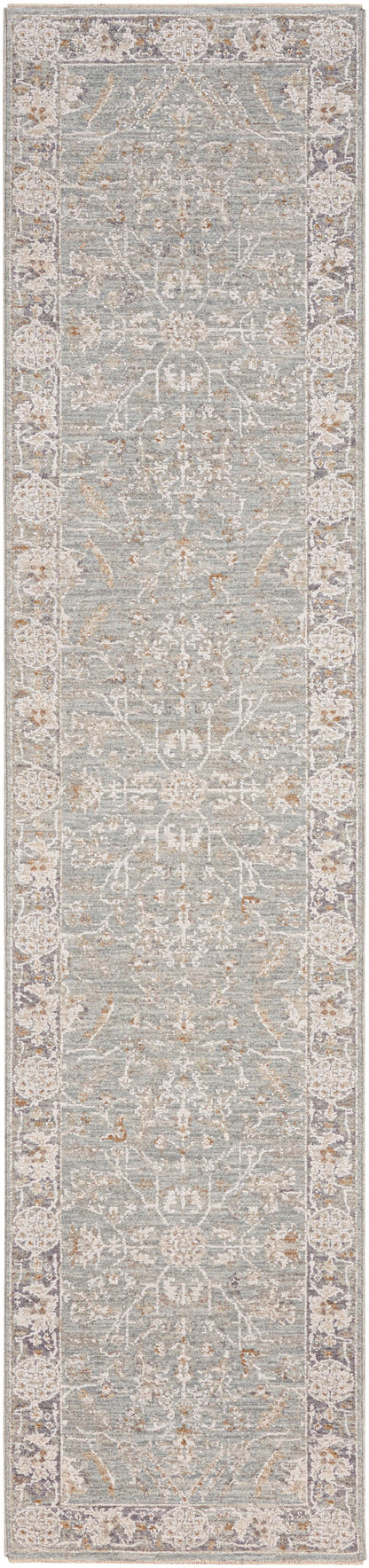 Long rectangular runner rug with a blue-gray field, ivory border and intricate floral damask; vintage distressed look.