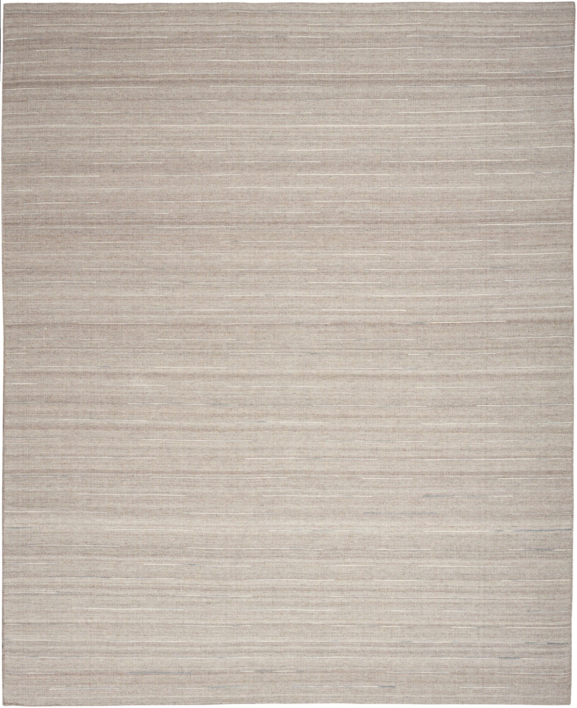 Beige rectangular rug with a subtle horizontal stripe texture and linen-like weave.