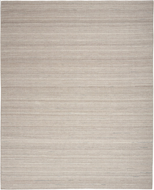 Beige rectangular rug with a subtle horizontal stripe texture and linen-like weave.