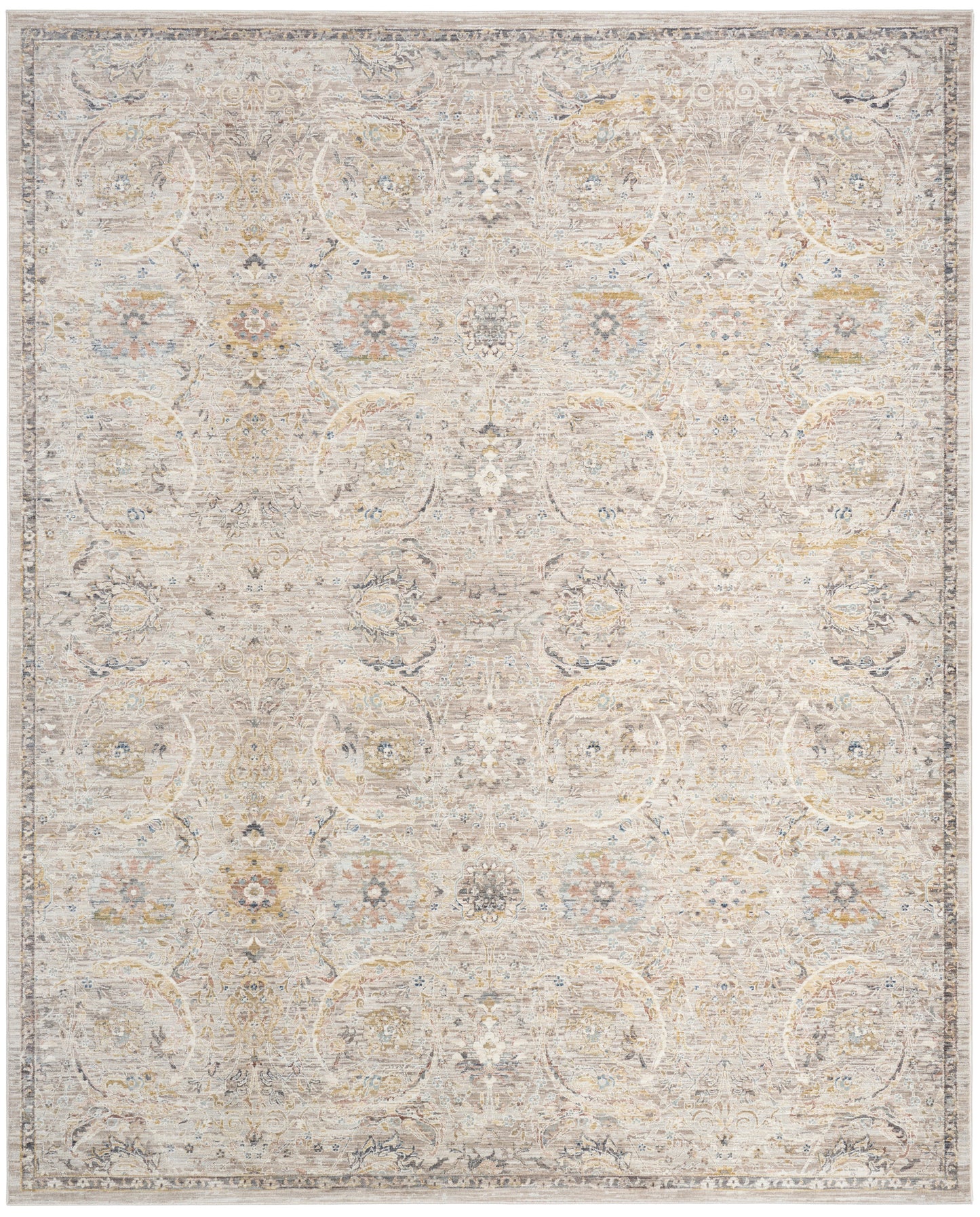 Rectangular, neutral distressed area rug with vintage Persian floral medallions in cream, beige, and pale gray.