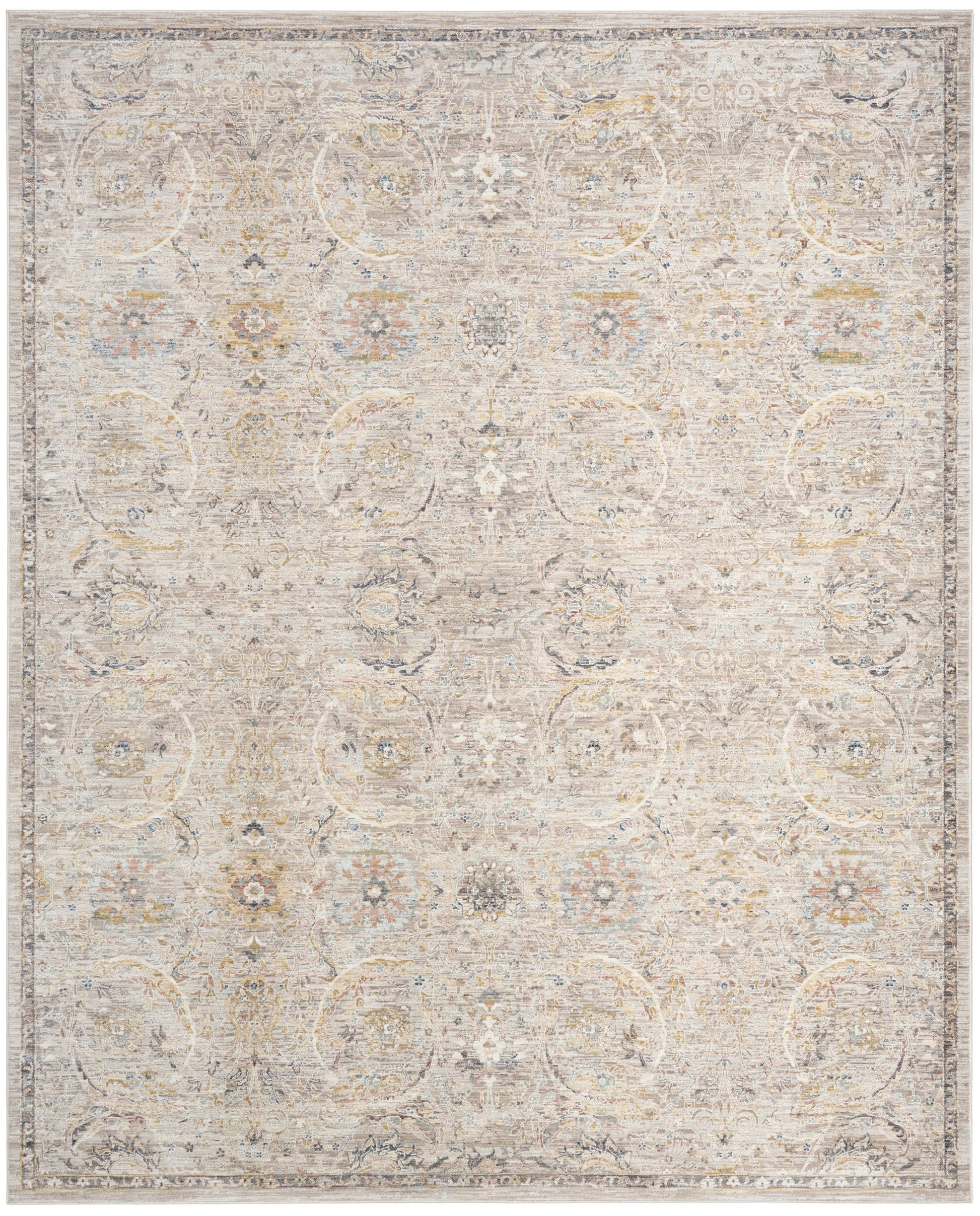 Rectangular, neutral distressed area rug with vintage Persian floral medallions in cream, beige, and pale gray.