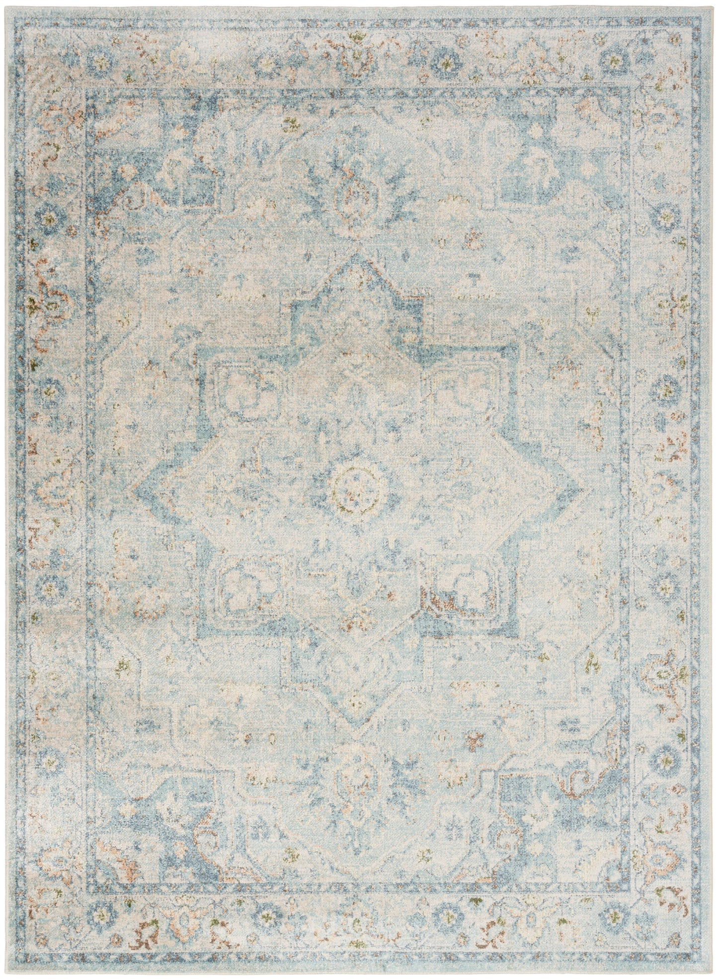 Light blue vintage-style area rug with a faded oriental medallion and beige accents.