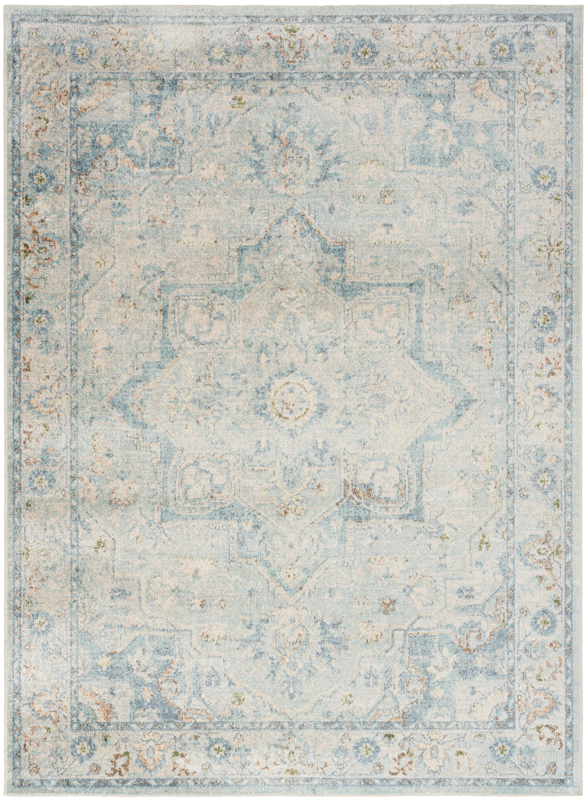 Light blue vintage-style area rug with a faded oriental medallion and beige accents.