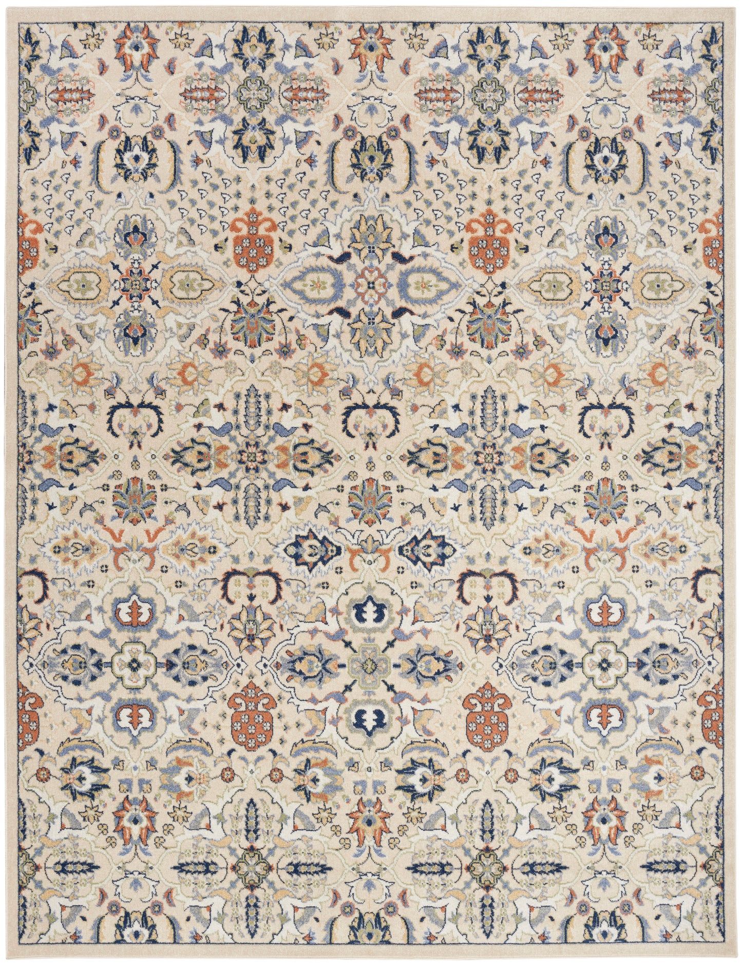 Cream-toned Bohemian rug with blue, orange & pale green floral motifs in a symmetric pattern, 9' x 12'.
