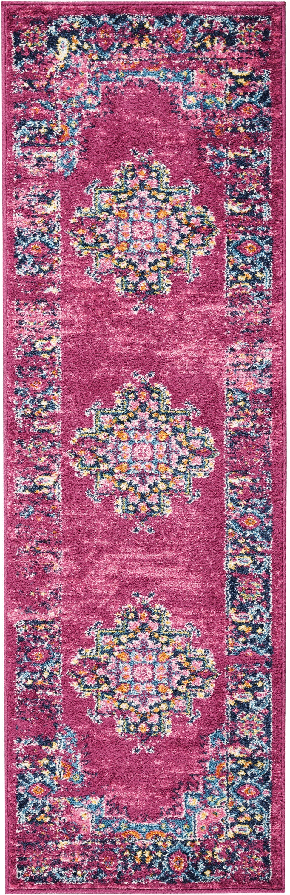 Magenta oriental runner rug with three central medallions and a colorful blue-yellow border.