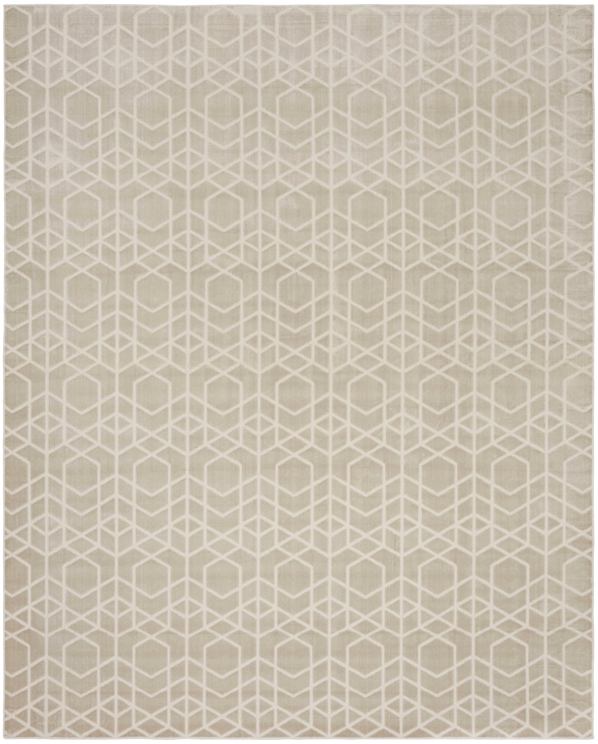 Beige rug with white geometric cube pattern; modern neutral texture for living rooms.