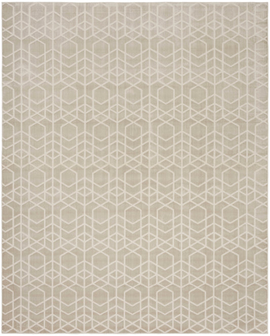 Beige rug with white geometric cube pattern; modern neutral texture for living rooms.