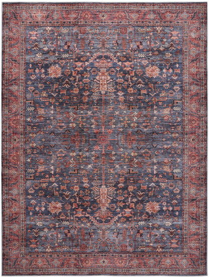 Rectangular Persian/Oriental wool rug with navy field, red border and ivory floral motifs; traditional living-room accent.