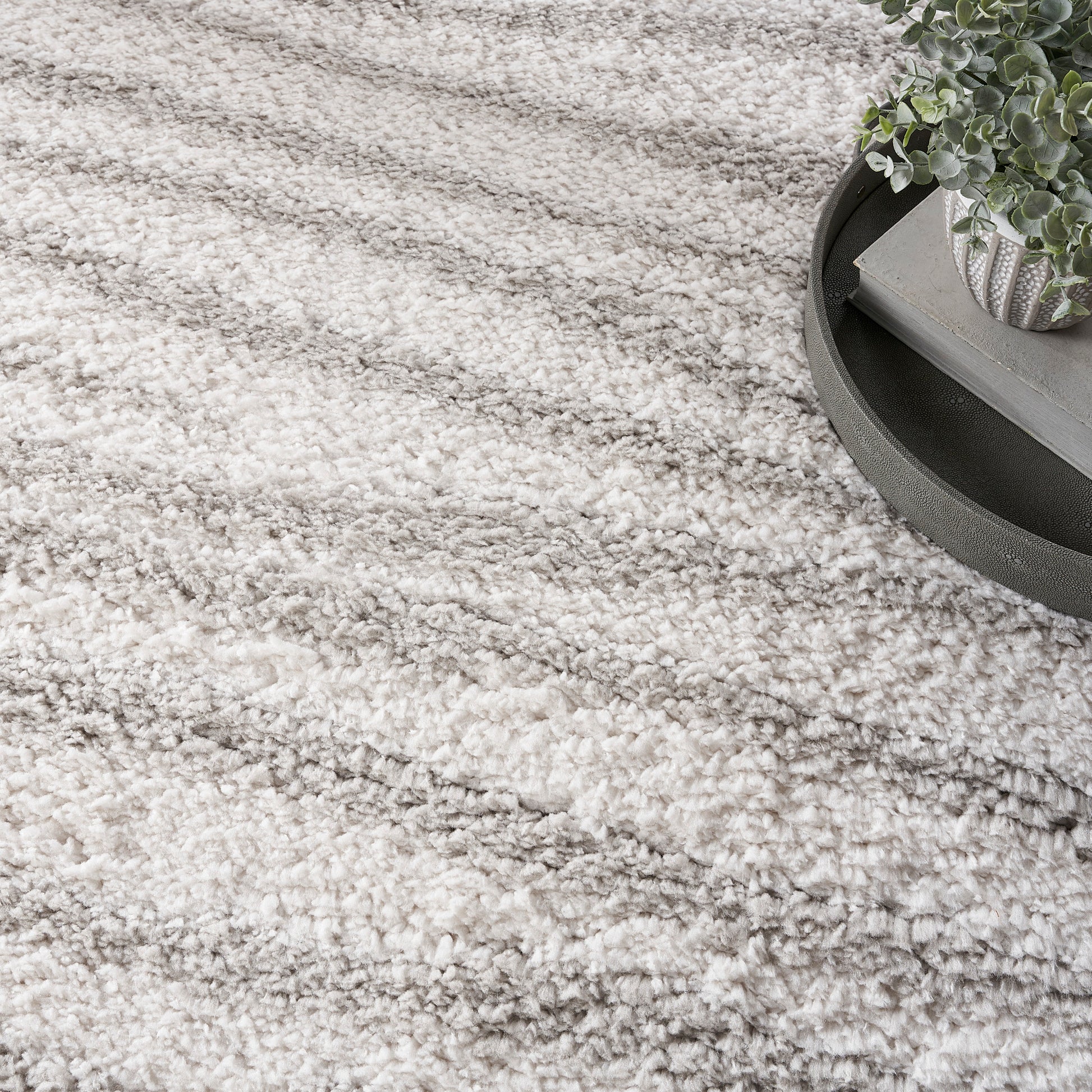 Light beige shag rug with fluffy pile; round dark tray holds a small potted plant and stacked books.
