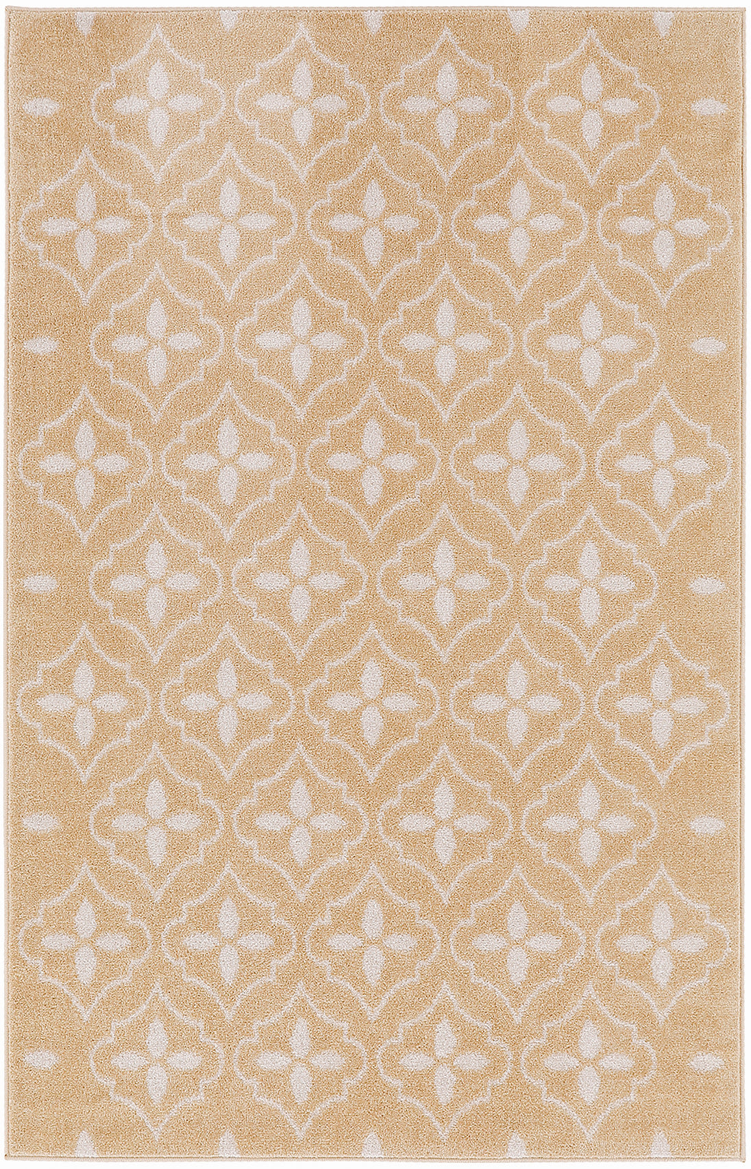 Beige area rug with a white lattice quatrefoil motif and soft plush pile; ideal for living room or hallway, 4' x 6'.