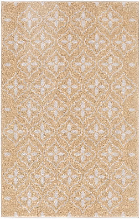 Beige area rug with a white lattice quatrefoil motif and soft plush pile; ideal for living room or hallway, 4' x 6'.