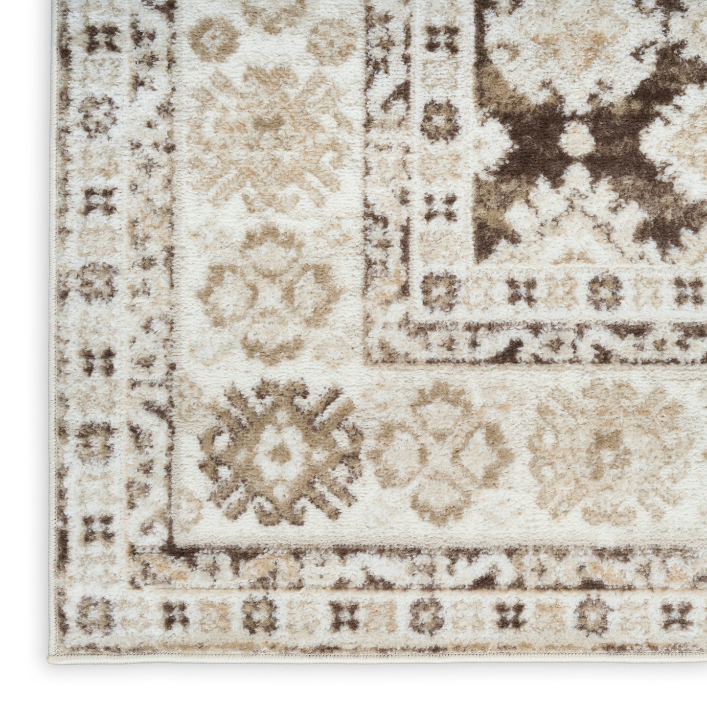 Cream-beige traditional area rug with taupe floral medallions & ornate border; plush soft pile.