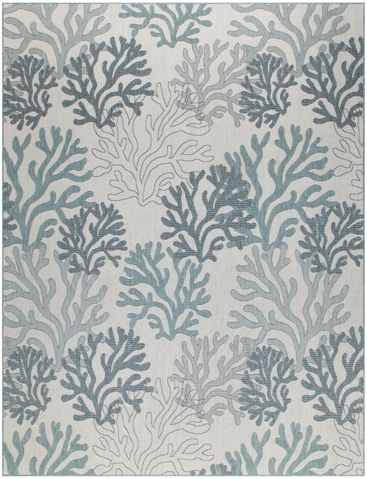Coastal area rug with coral reef pattern in blue, teal, and gray on light background.