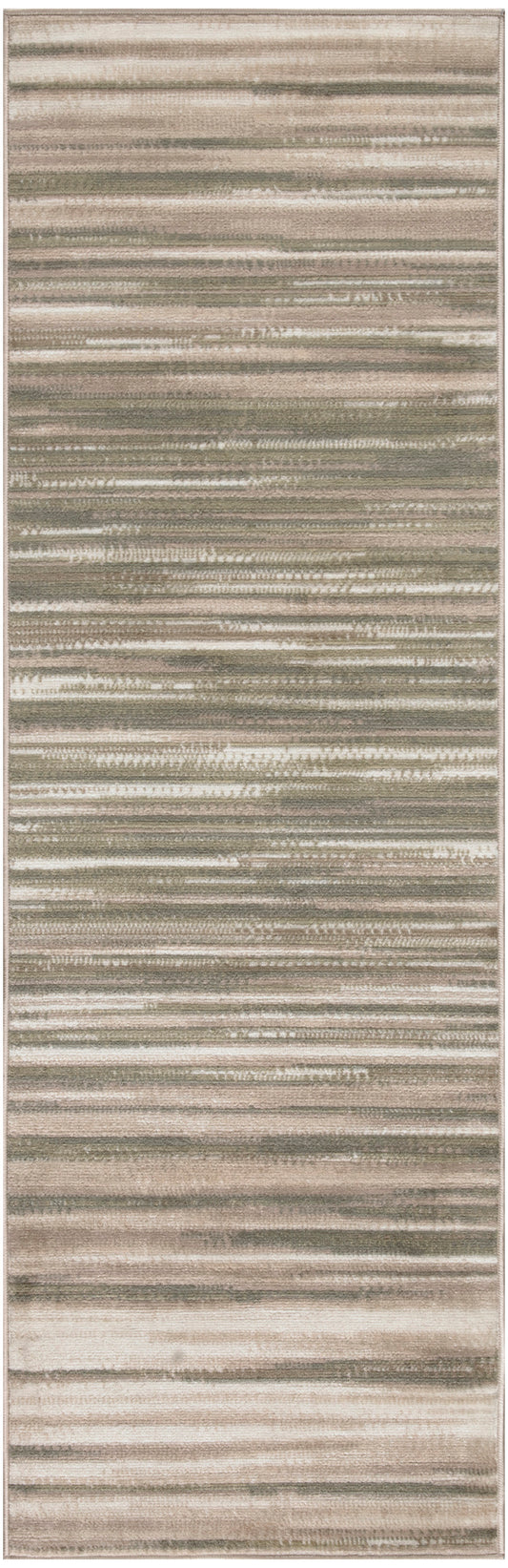 7' runner rug in beige, taupe and sage with irregular horizontal stripes; modern, low-pile.